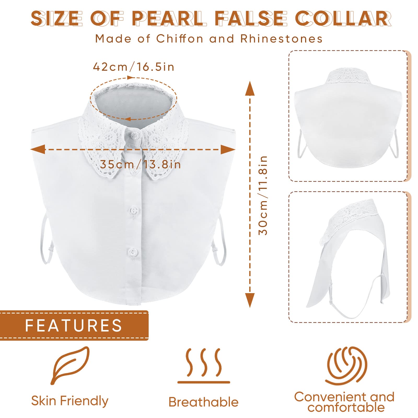 Zibuyu Fake Collar for Women with Elegant Floral Lace Edging and 4 Button Design | White Cotton