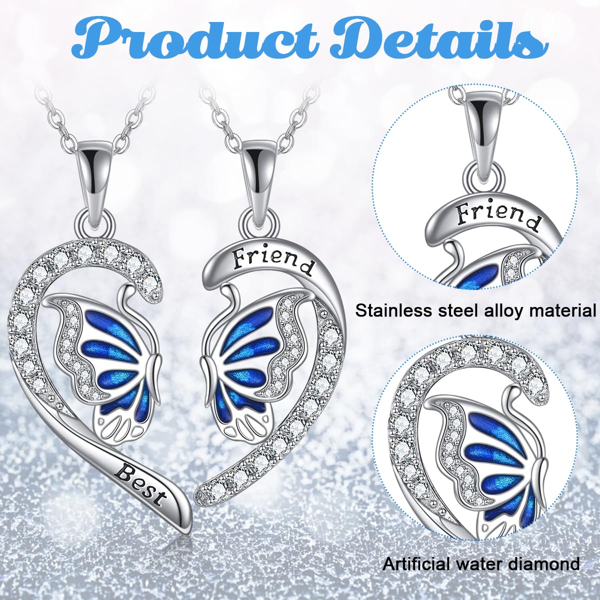 SANNIDHI Necklace for Best Friends featuring Engraved Heart Butterfly Pendant 2Pcs Alloy Gift