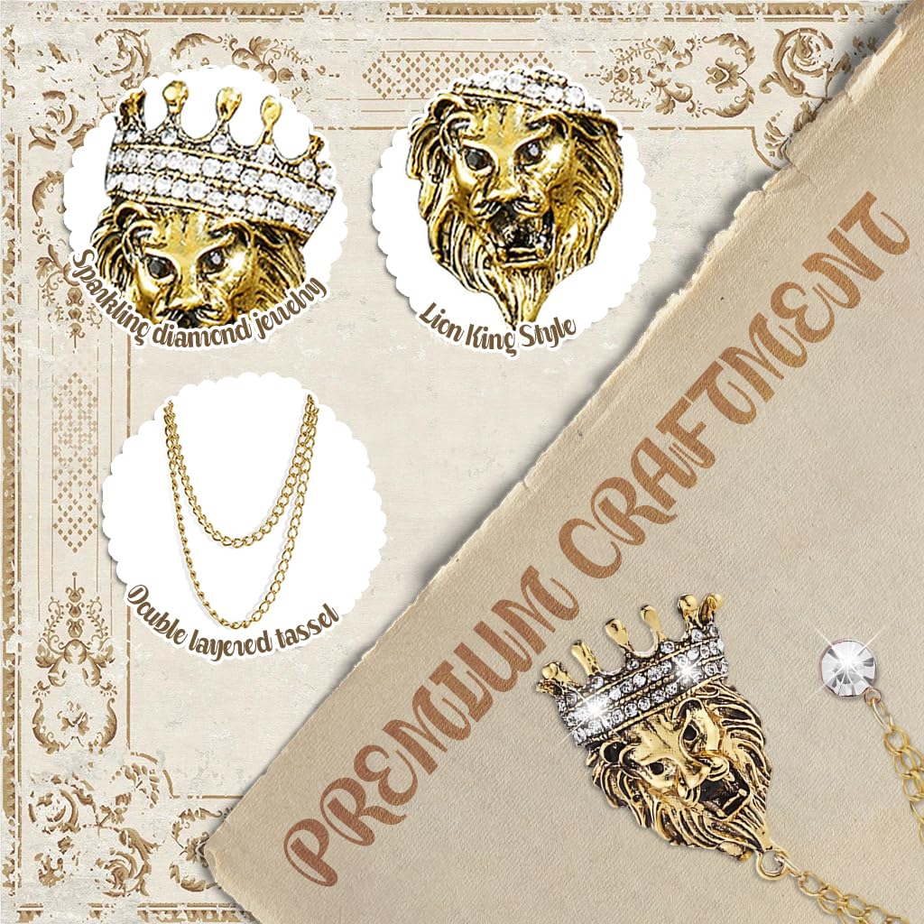 SANNIDHI Men's Vintage Crown Lion Brooch for Suits with Tassel and Rhinestone Embellishment