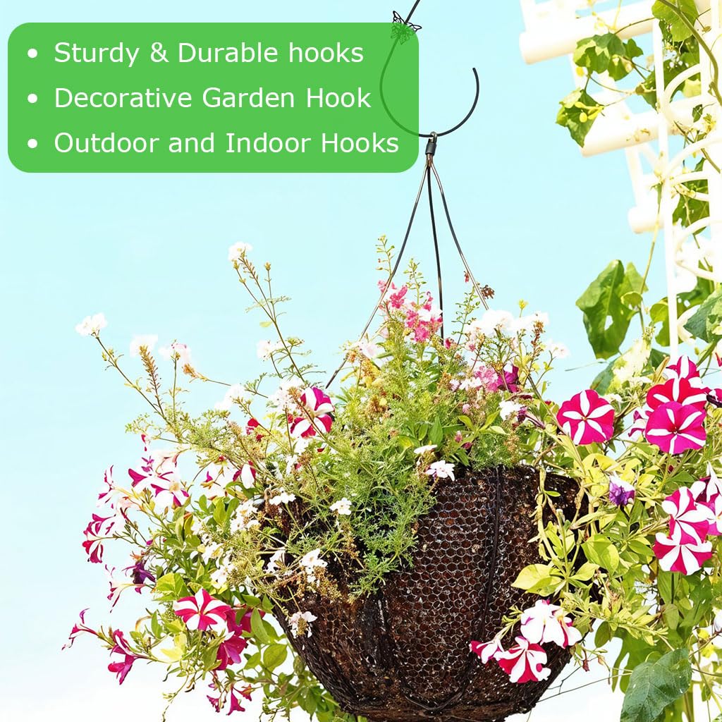 Zibuyu Metal Plant Hanger for Indoor and Outdoor Use with 12 in Hooks featuring Bird and Butterfly Design | Heavy Duty Black Metal S Hooks for Planters and Bird Feeders