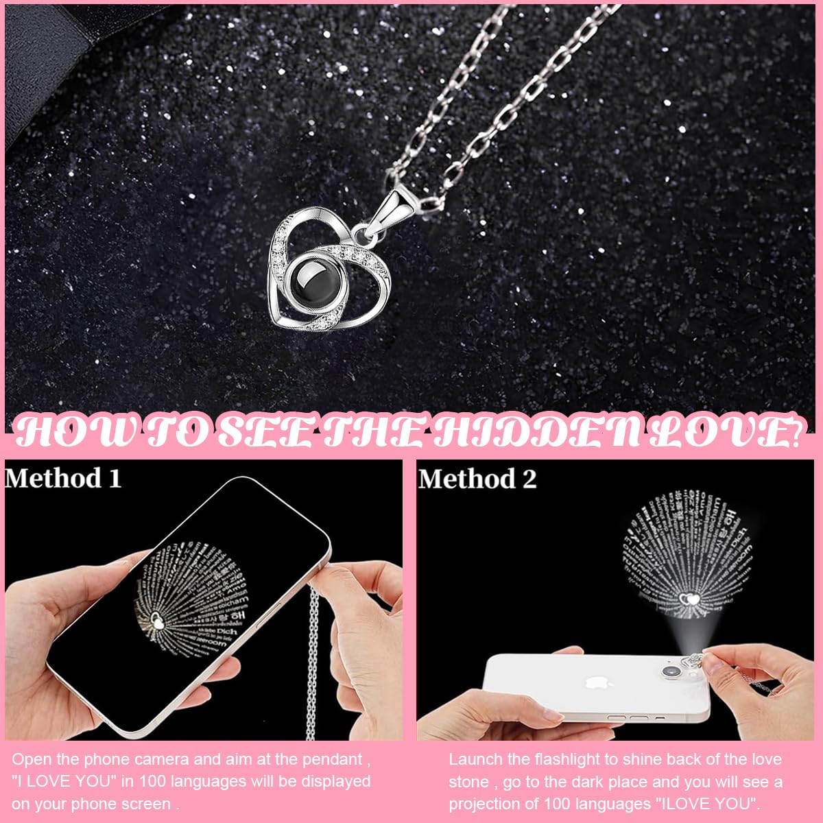 HASTHIP Rose Flower Necklace Gift Set for Valentine’s Day with I Love U Projection | Silver-Plated Preserved Eternal Rose for Women