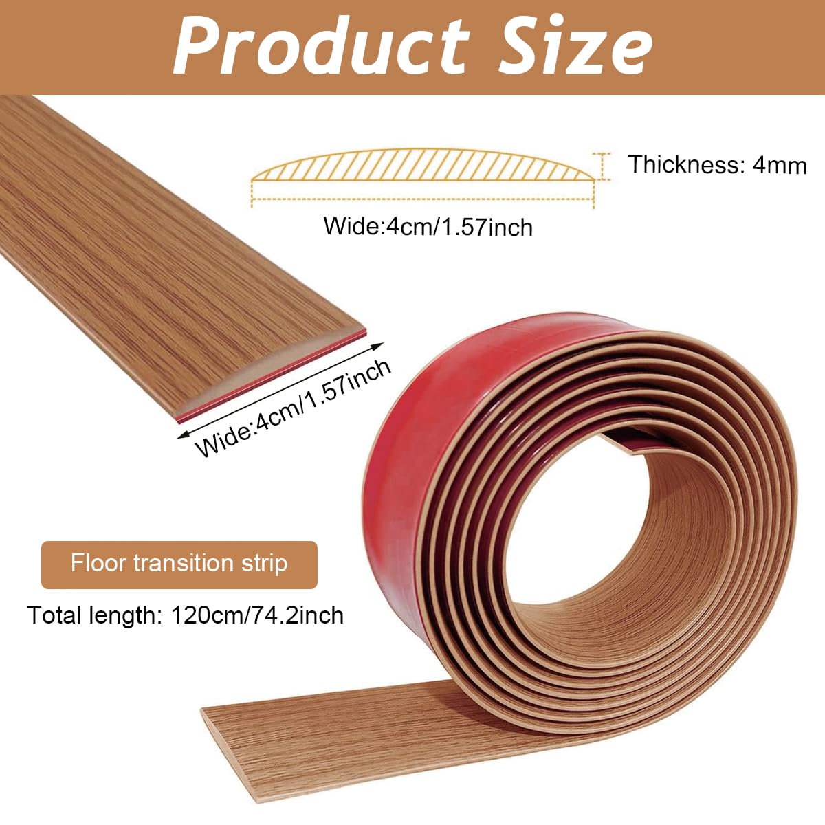 HASTHIP® Floor Transition Strip, Self Adhesive Vinyl Laminate Floor Strip Floor Flat Divider Strip for Joining Floor Gaps, Carpet Threshold, Floor Tiles (47.2 x 1.57 Inches, Wood Color)