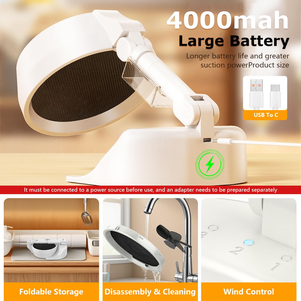 Supvox Desk Range Hood for Indoor Cooking with 3 Speeds and 4000mAh Rechargeable Battery