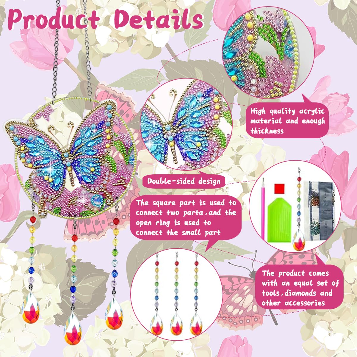 PATPAT DIY Butterfly Diamond Painting Wind Chimes for Balcony with Acrylic Base | Gift Decor