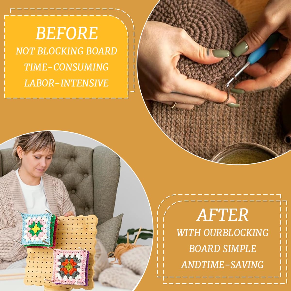 HASTHIP Crochet Blocking Board for Knitting Projects with 6 Steel Pins and 5 Yarn Needles | 7.7 in Bamboo Board for DIY Crocheters
