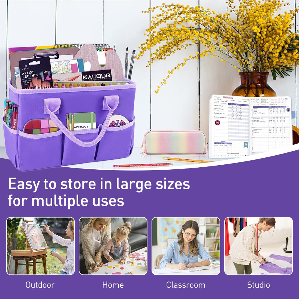 HASTHIP Art Supplies Organizer for Craft Storage with Multi Pockets and Handles 13x6x8.6 in | Oxford Fabric Purple Tote for Teachers and Artists