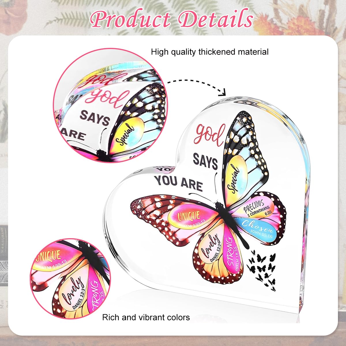 HASTHIP Inspirational Christian Desk Decor for Women with 15x15x1.5 cm Heart Acrylic Ornament | Faith Gift Featuring UV Printed Butterfly Design