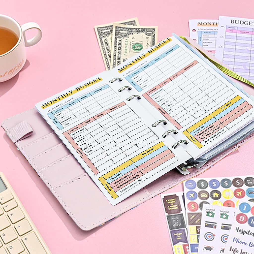 HASTHIP File Folders for Documents featuring A6 Ring Binder with 6 Metal Rings and PU Cover | Budget Sheets and Cash Envelopes Set