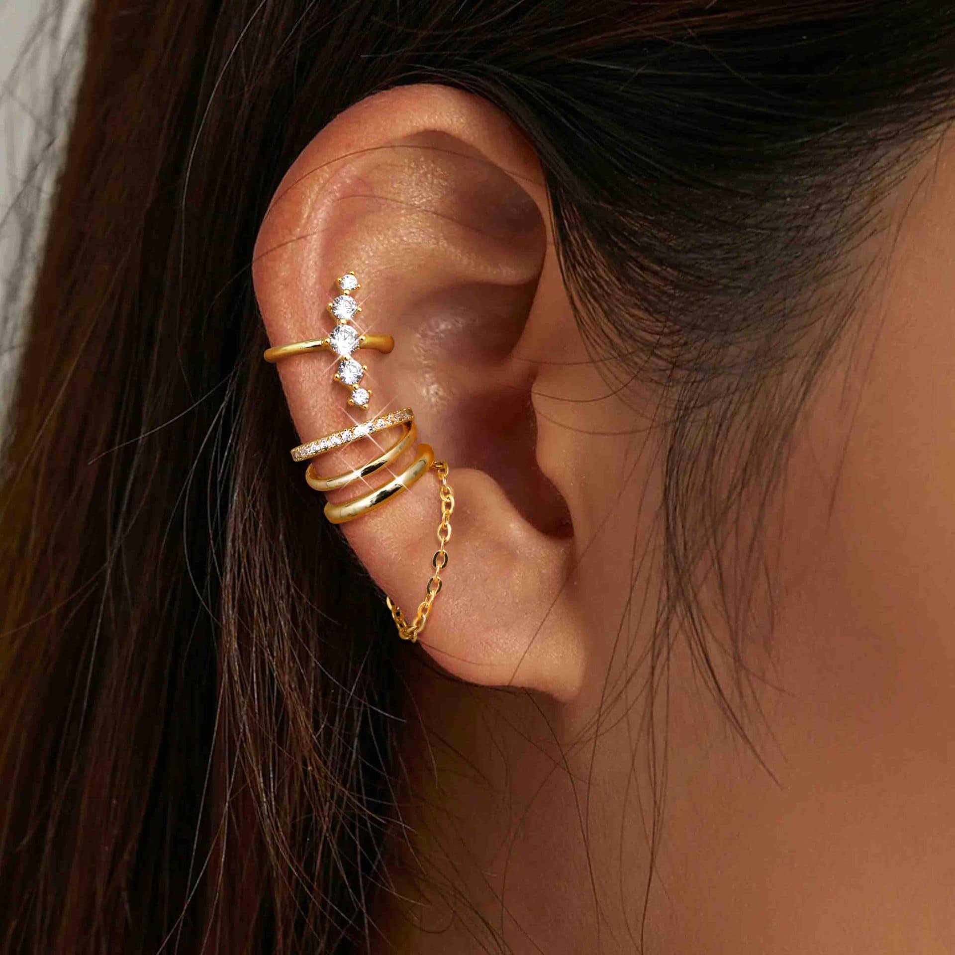 SANNIDHI Ear Cuff Earrings for Women featuring 3 Pairs Gold Cubic Zirconia Non Piercing Set | Hypoallergenic Gift Jewelry