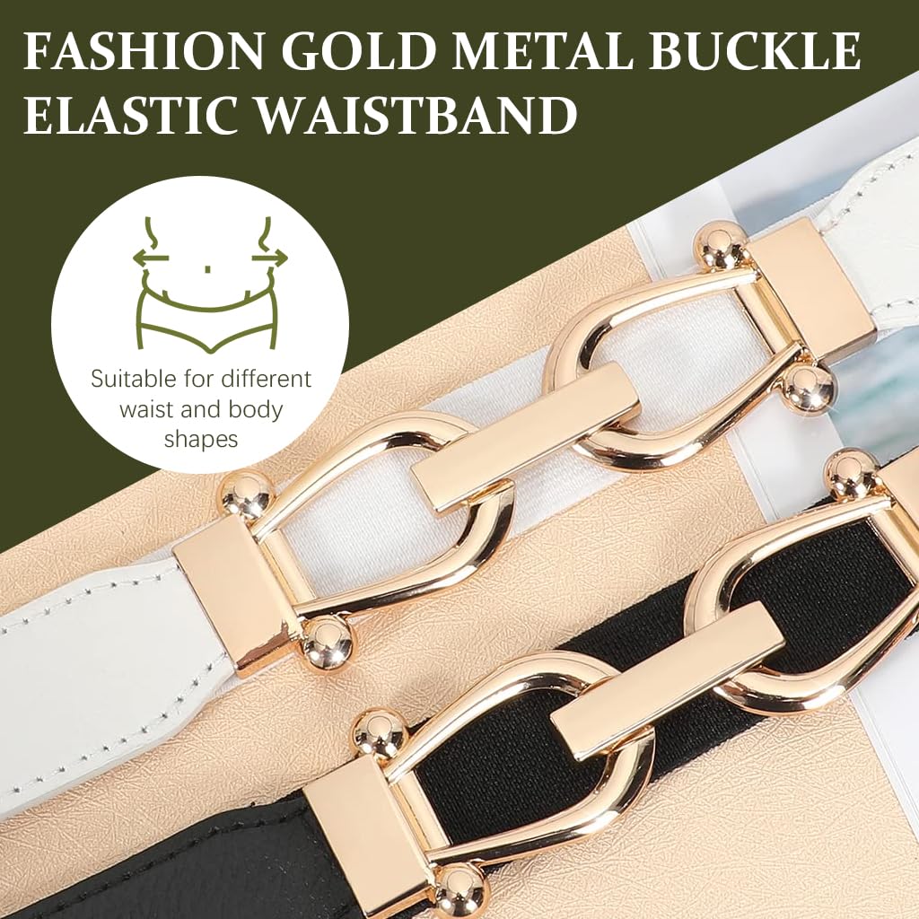 Venzina® 2Pcs Stretchy Belt for Womens, Skinny Womens Belt, Elastic Waist Belt for Women Dresses, Chic Gold Metal Buckle Belt for Dress, Shirt, Blazer, Sweater (Black & White)