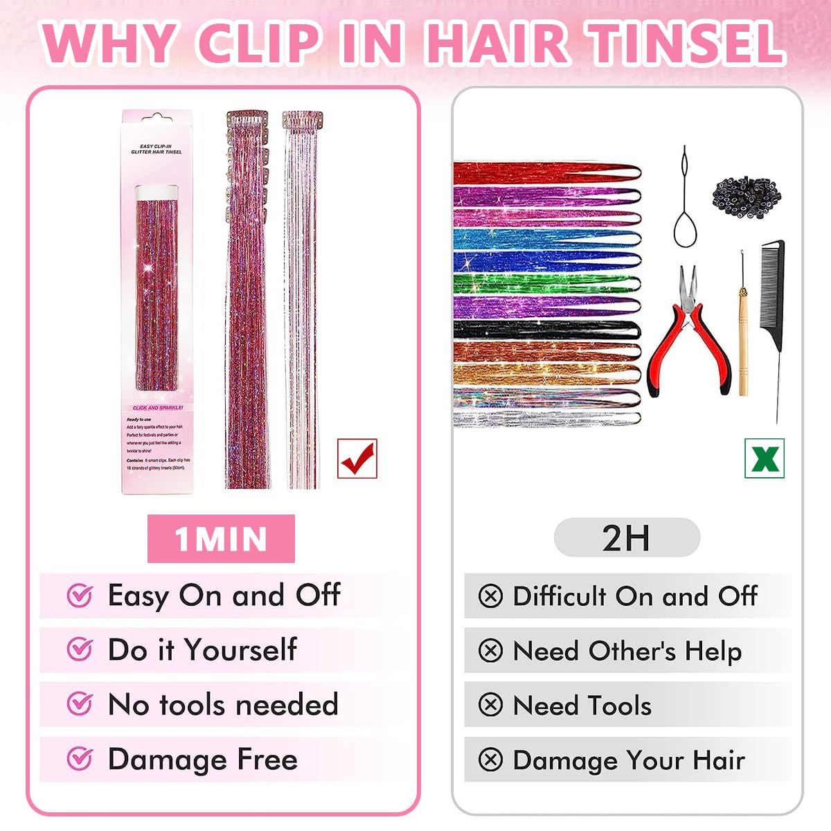 MAYCREATE Hair Tinsel Clip in Glitter Extensions 12PCS 20.5in with Secure Clips for Women and Girls | Pink Shiny Strands for Festival Party Cosplay