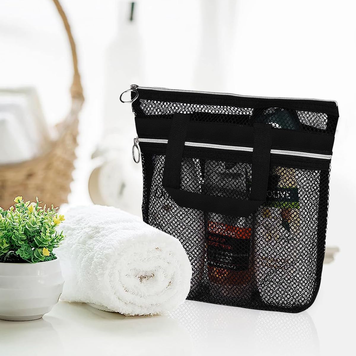 HASTHIP® Mesh Shower Caddy, 10.2x9.9'' Shower Mesh Caddy Tote Bag Quick Dry Hanging Toiletry and Bath Organizer for Travel and Swimming with Zipper