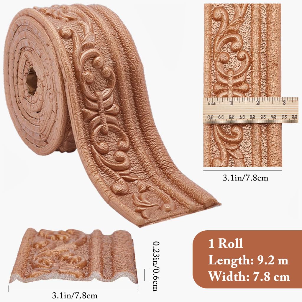 HASTHIP 30Ft Vintage Wall Border Sticker,  3D Embossing Trim Decal, Peel Stick Foam Molding Trim Self Adhesive Crown Molding Wallpaper Border for Home Decor, Photo Frames, and Walls (Brown)