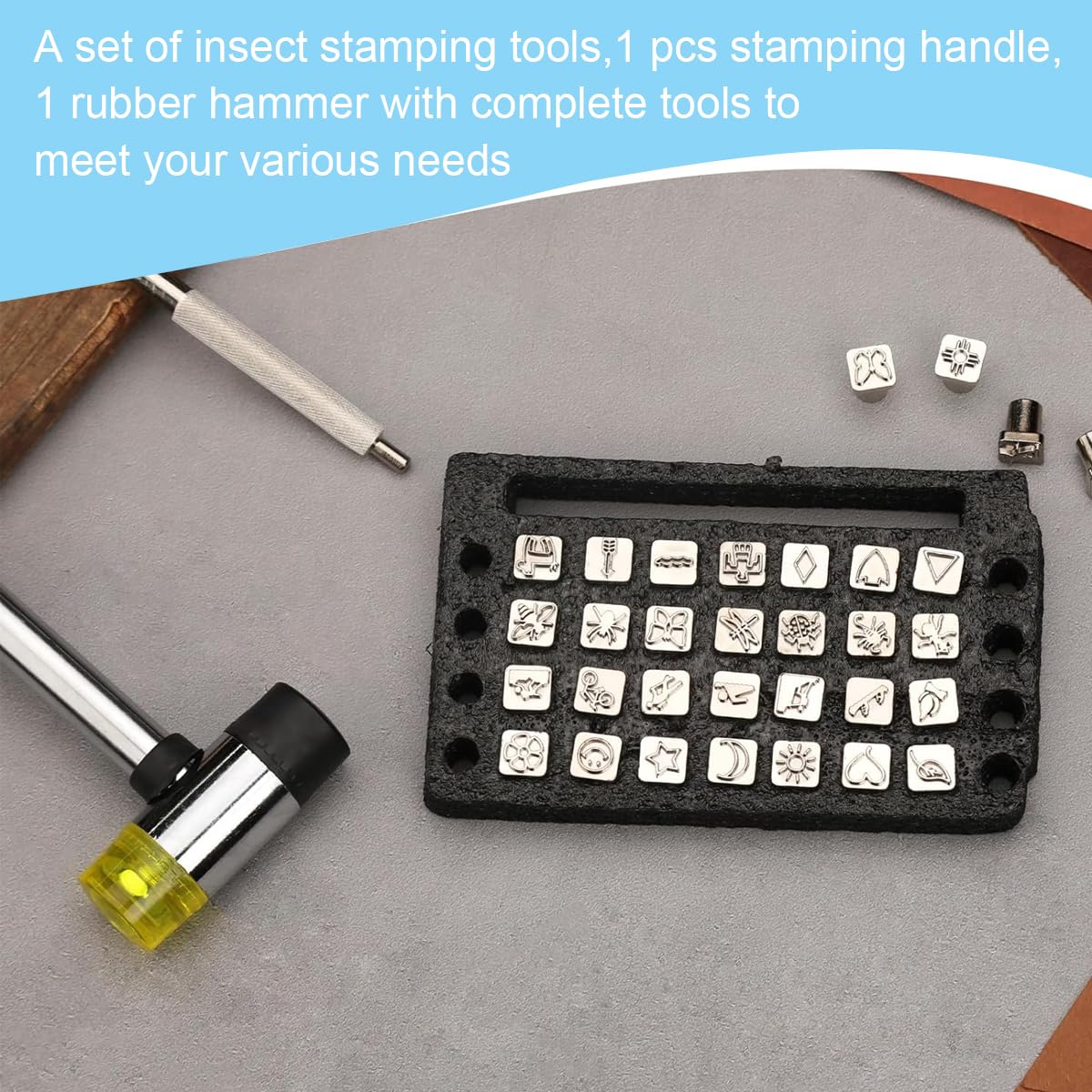 HASTHIP Leather Stamping Tool Kit for Leathercraft with 32pcs 0.39 in Metal Stamps & Snap Setter