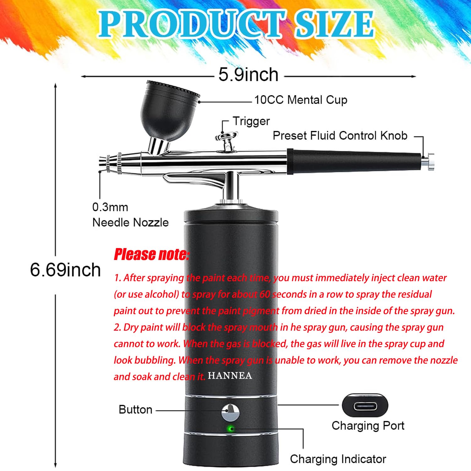 HANNEA Airbrush Kit for Makeup and Cake Decorating with 23–27 PSI Power | 0.3mm Nozzle and Ergonomic Handheld Design