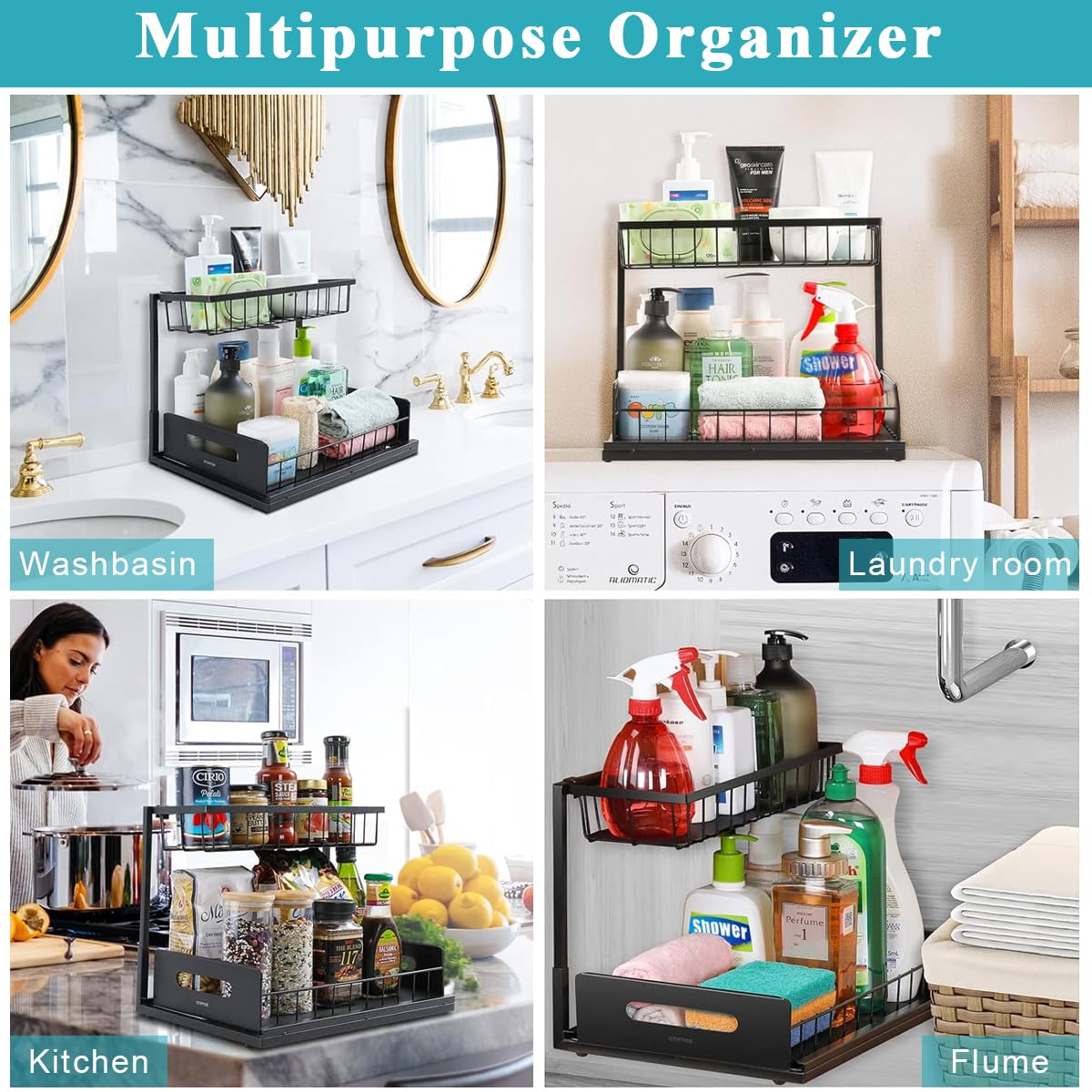 Supvox® Kitchen Sink Organizer, 2 Tier Under Sink Organiser Comes, Multipurpose Cabinet Organizer with Sliding Out Drawer, Spices Organizer for Kitchen, Storage Rack Under Sink for Bathroom