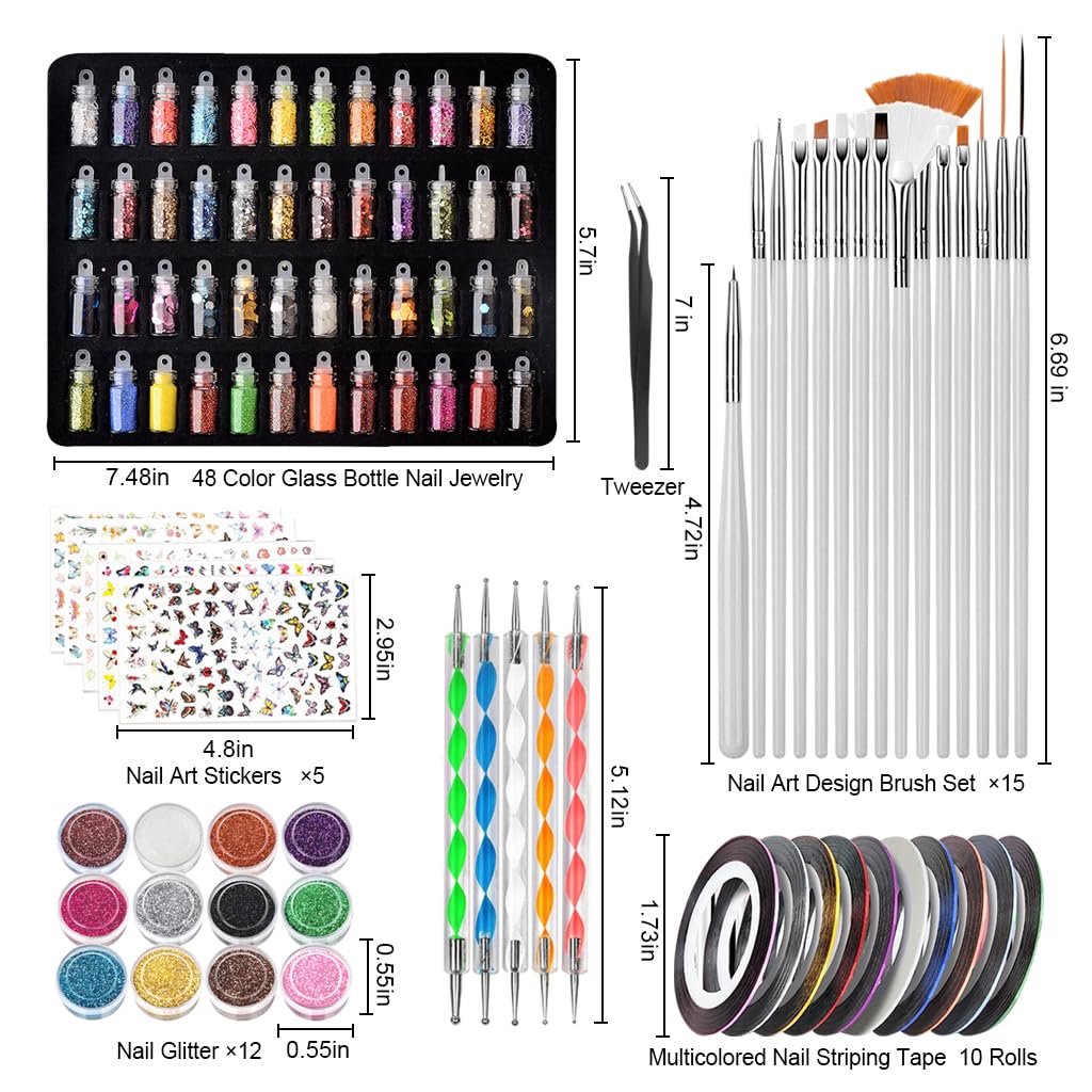 MAYCREATE Nail Art Supplies Tool Kit with 15Pcs Nail Art Fine Detail Brushes 10-Color Striping Tapes Metallic Foils Glitters Nail Decals Stickers Dotting Tools DIY Nail Art Supplies for Nail Salon