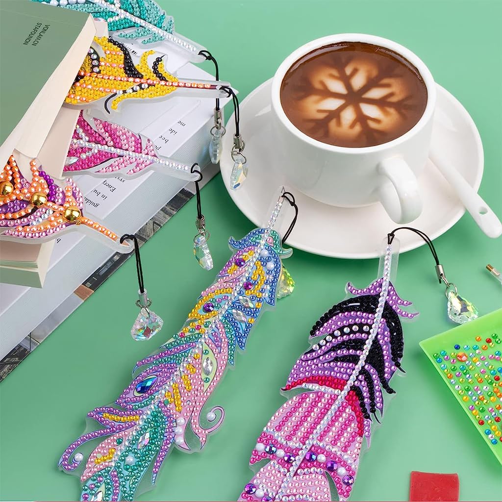 Climberty Diamond Painting Bookmarks Kit 6pcs for DIY Feather Art with Crystal Pendants | Fun Gift for Adults and Kids