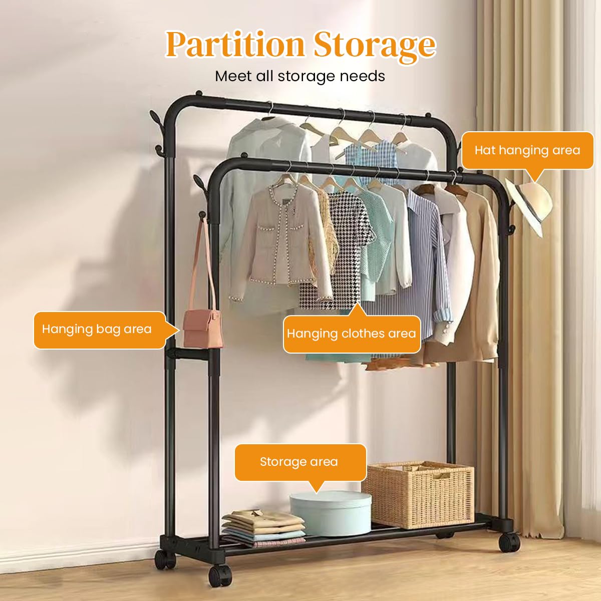 HASTHIP Garment Organizer Rack for Bedroom with Double Layer Metal Frame and Wheels | Includes Utility Shoe Storage