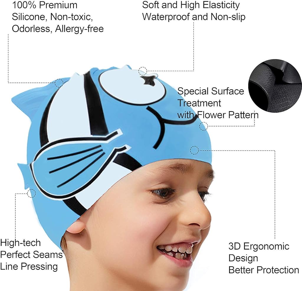 Proberos® Swimming Cap for Boys Girls with Ear Plug and Nose Clip Waterproof Silicone Ideal for All Head Shape Kids Age 3-12 2PCS