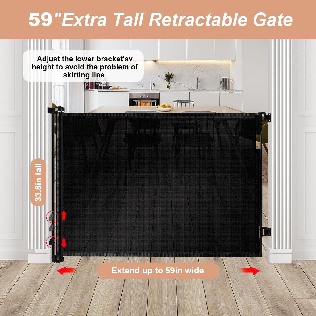 SNOWIE SOFT Retractable Baby and Pet Safety Gate for Stairs and Doorways with Lock System 33×59 Black
