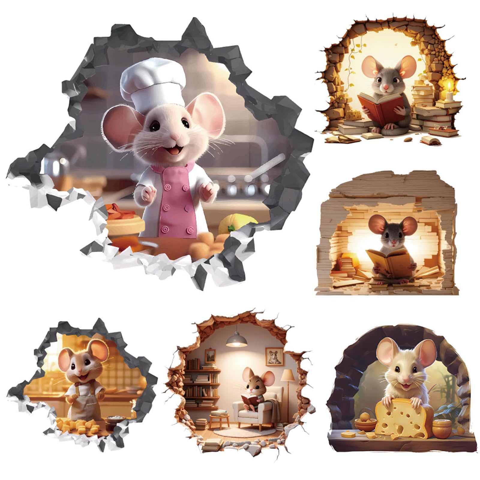 HASTHIP® 6PCS 3D Mouse Hole Wall Decals Peel and Stick,Decorative Wall Stickers, Fun Animal Stickers for Children- Kids Room Bedroom House Nursery Decor
