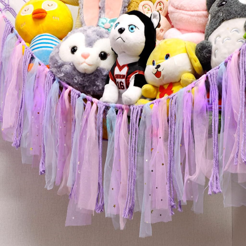 PATPAT® DIY Stuffed Animal Toy Hammock Girls Room Decoration Plush Toy Hanging Storage Net Dreamy Purple Tassle Ribbon Hanging Net Self Adhesive Hanging Decorative Net Wall Corner Triangle Hangings