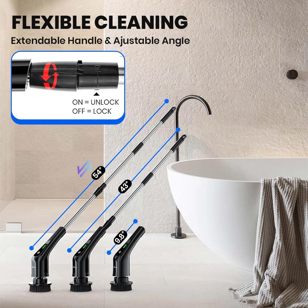 Supvox Electric Spin Scrubber for Bathroom and Floor Cleaning with 137cm Handle featuring 7 Brush Heads | IPX7 Waterproof Rechargeable Design