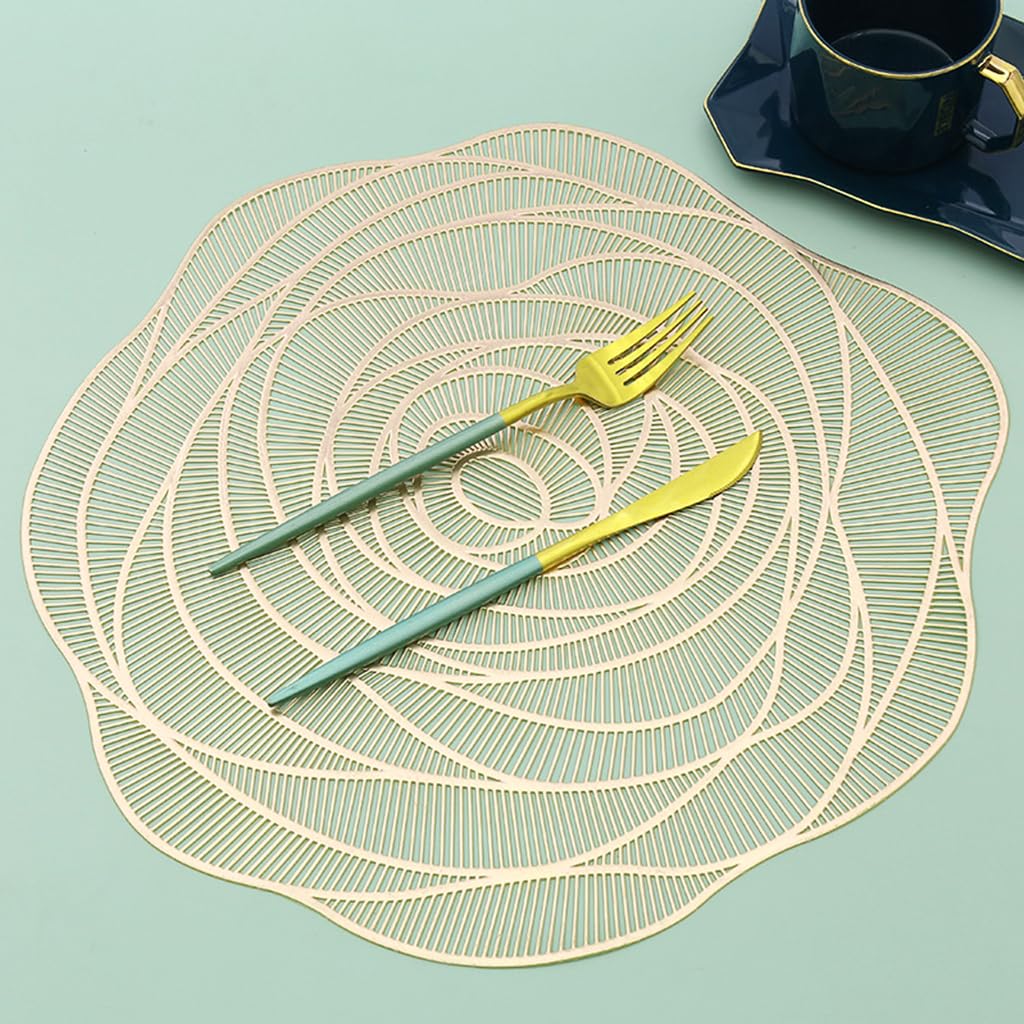 ZIBUYU Table Mats for Dining Table Set of 4 featuring 15 inch Round Rose Cutwork PVC | Golden Heat Resistant Non Slip Design
