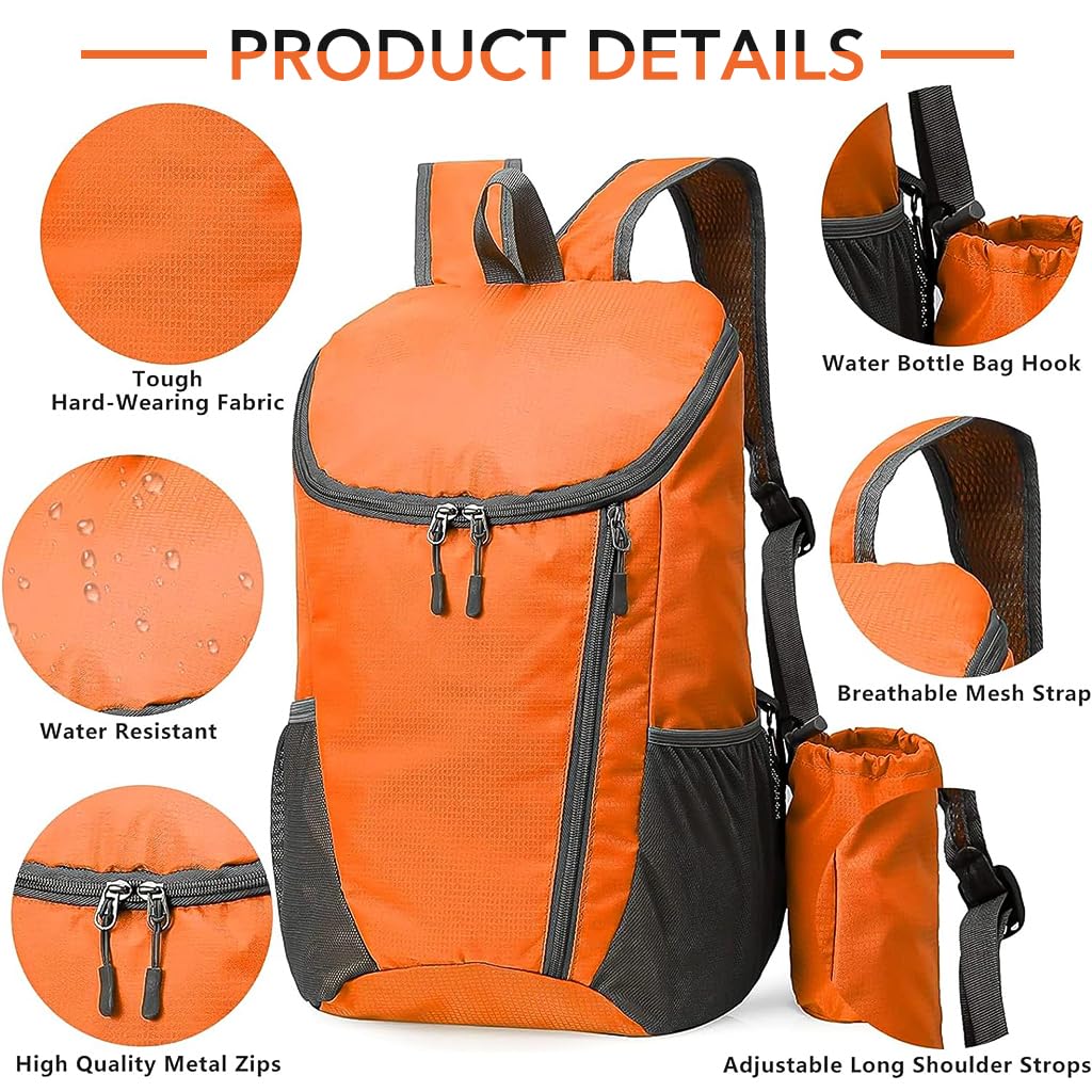 Venzina Travel Backpack for Hiking and Camping with 20L Capacity and Foldable Design | Lightweight Water Resistant Orange Bag