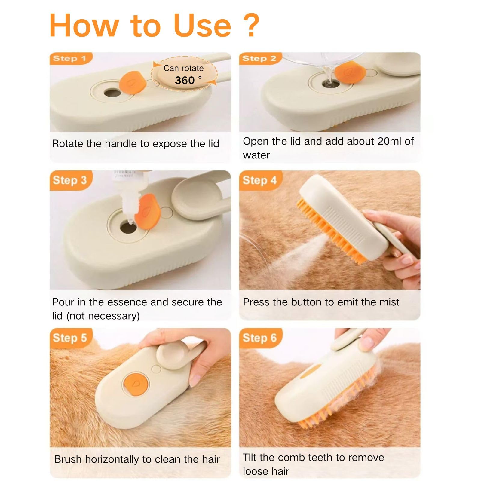 Qpets Electric Pet Steam Hair Brush for Bath‑Free Grooming with USB Recharge and Swivel Handle