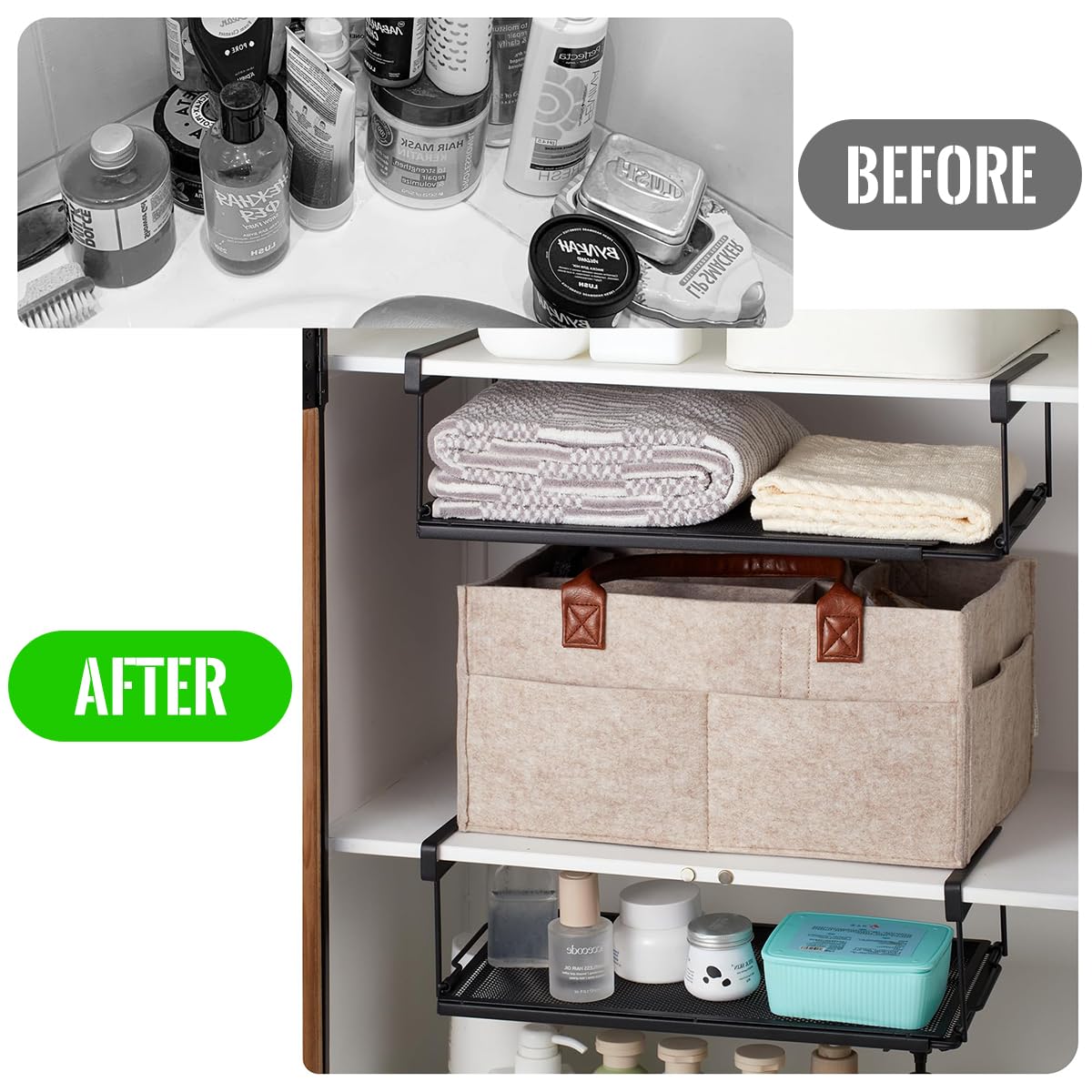HASTHIP Retractable Under Cabinet Shelf for Kitchen Storage with Slide Hanging Design 38–70cm Metal Rack 3PCS