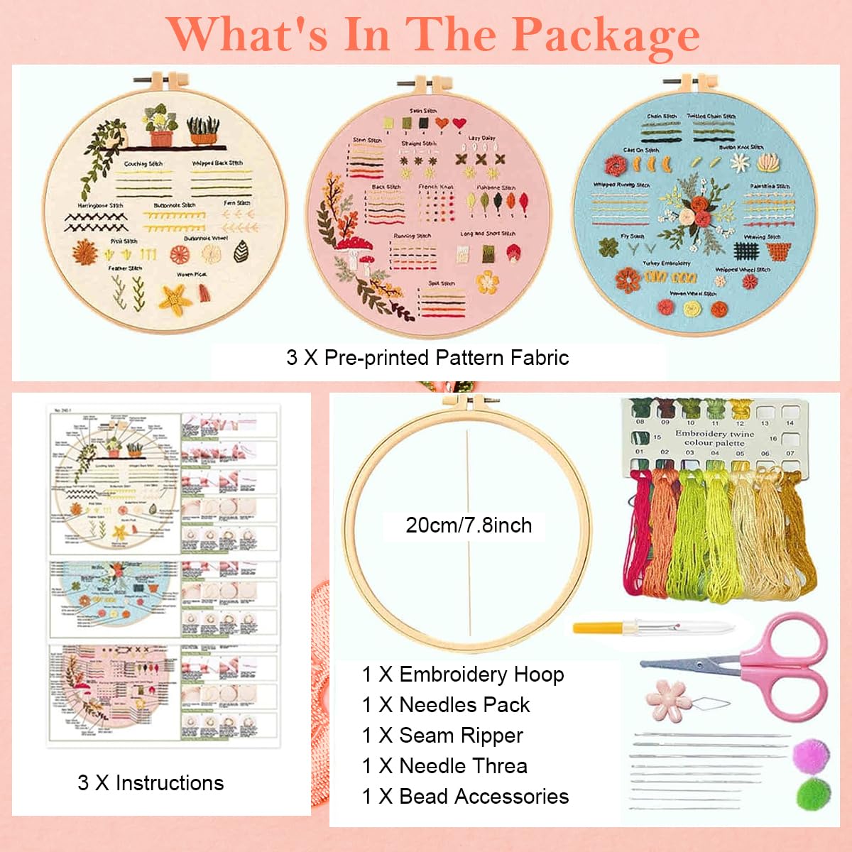 HASTHIP Embroidery Kit for Beginners with Pre-Embroidered Cloth and Colorful Threads | 3 Sets
