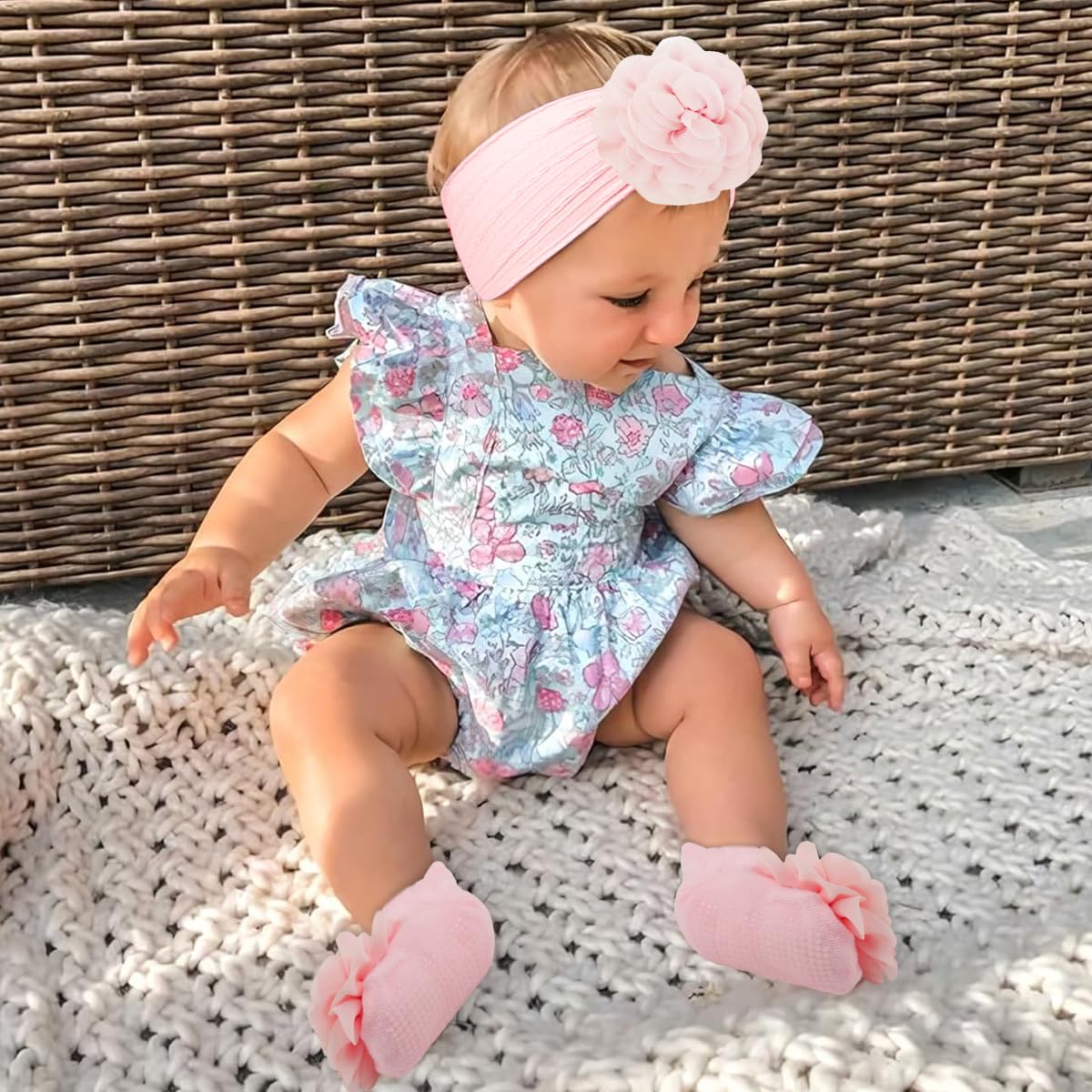 SNOWIE SOFT Chiffon Flower Hair Bands Set for Baby Girls with Pink Nylon Socks | Ideal Baby Shower Gift