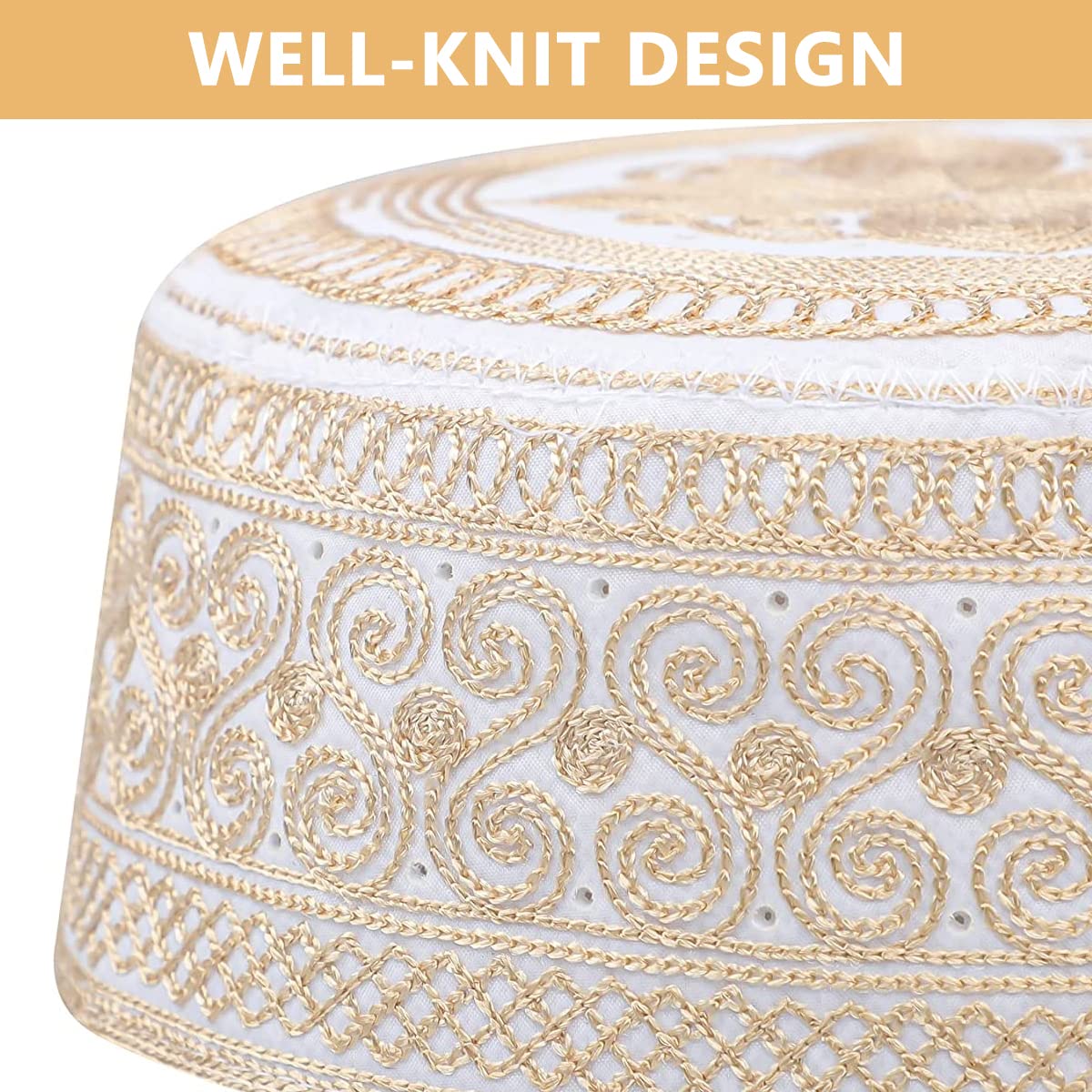 GUSTAVE Muslim Cap for Men featuring Embroidered Pattern and 56–58cm Fit | Beige Cotton Blend