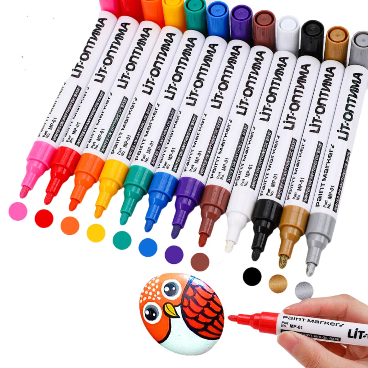 HASTHIP® Paint Pens Paint Markers Never Fade Quick Dry and Permanent, 12 Colors Oil-Based Waterproof Paint Marker Pen On Rock Painting, Ceramic, Wood, Fabric, Plastic, Canvas, Glass, Mugs