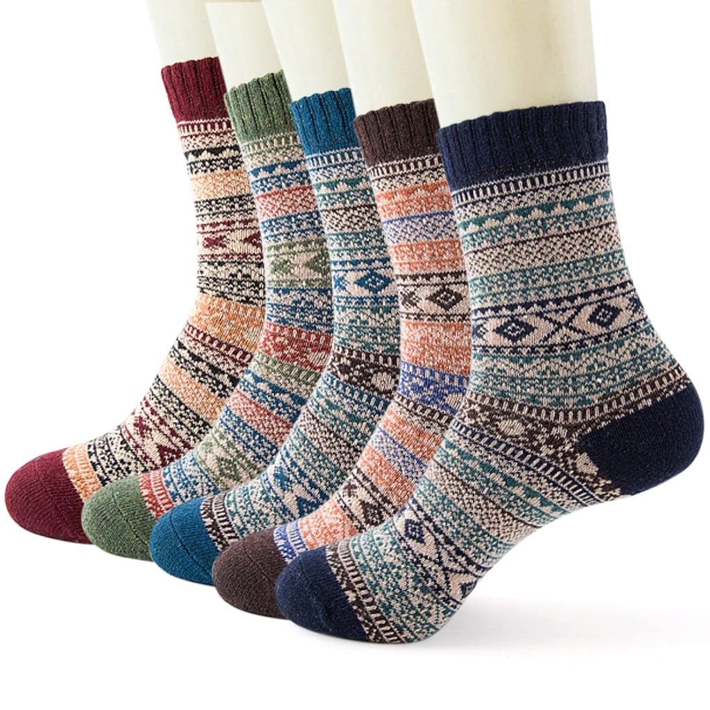 ZIBUYU® 5 pairs Men Long Wool Socks Winter Warm Socks Knitted Socks Floor Socks Vintage Stripy Sockes for Men Christmas Gift Birthday Gift for Men