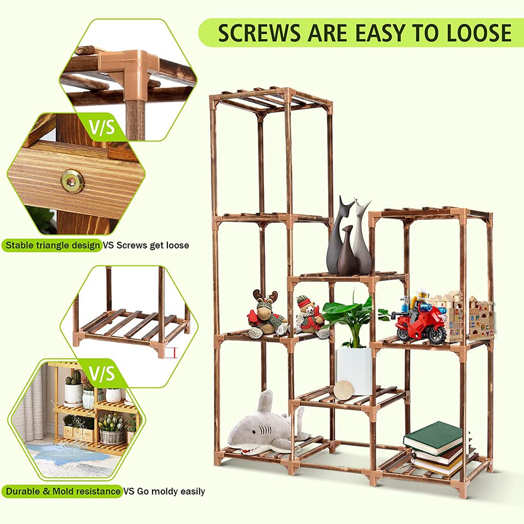 HASTHIP 4 Tier Plant Stand for Balcony and Indoor with 9 Pot Spaces and Off Ground Design | Solid Wooden Rack for Living Room Patio Garden