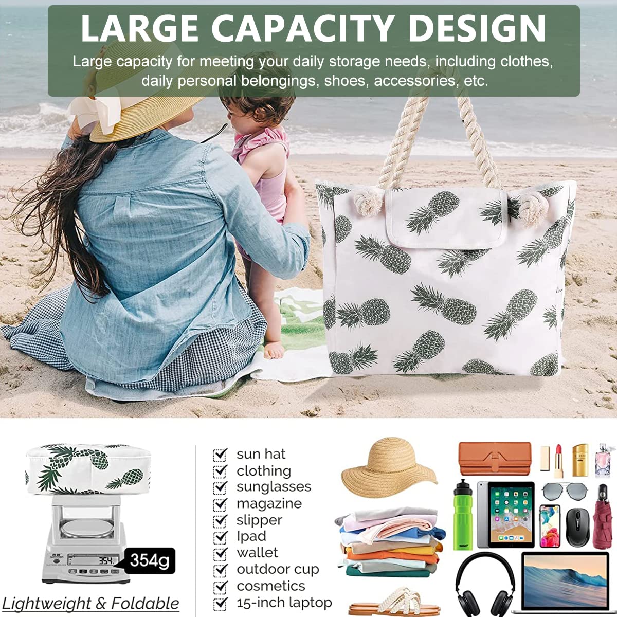 PALAY® Large Beach Bag Tote Bag Print Women Beach Clothes Accessories Storage Bag Tote Bag Linen Rope Handle Zipper Closure Large Capacity Shoulder Bag for Travel