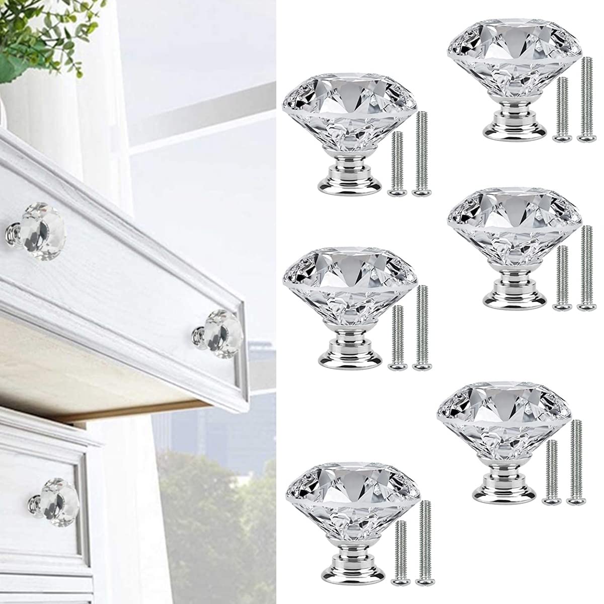 HASTHIP® 6 Pack Cabinet Knobs with 2 Sizes Screws, Clear Glass Crystal Diamond Shape Cabinet Knobs, Glass Dresser Knobs for Dresser Drawers and Kitchen, Bathroom Cabinet 30mm