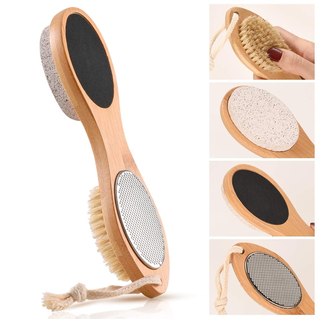 PatPat 4 In 1 Foot Pedicure Brush,Foot Scrubber,Foot File Callus Remover,Exfoliator Tools with Foot Care Bristle Brush,Sand Paper and Bamboo Handle