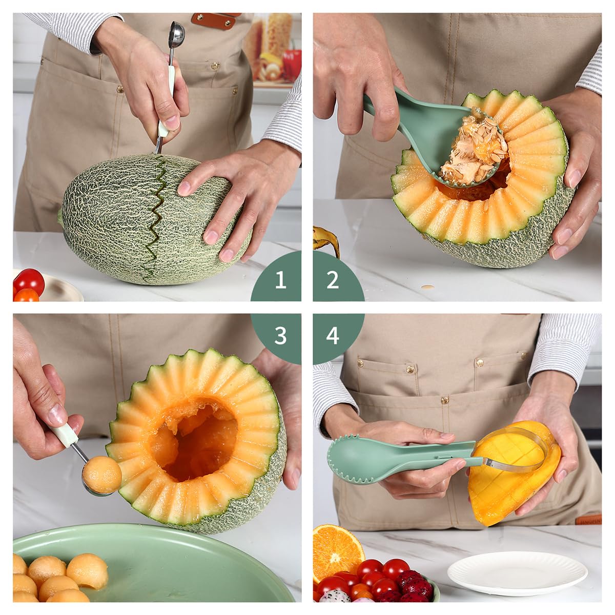 Supvox Melon Baller Scoop Set for Fruit Prep with Dual Head Design and Stainless Steel Tools