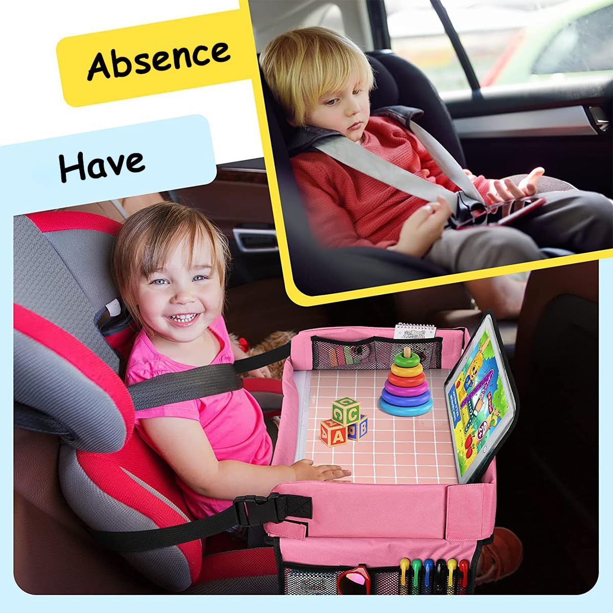 SNOWIE SOFT® Car Seat Tray for Kids Painting Playing Eating with Storage Pocket, Kids Travel Tray for Road Trip, Car, Stroller, Airplane, Carseat Trays Accessories, Toddler