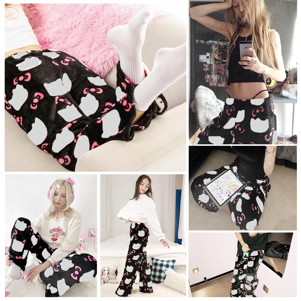 SANNIDHI Anime Pajama Pants for Women featuring Cartoon Cat Kawaii Print Flannel | 2XL Black