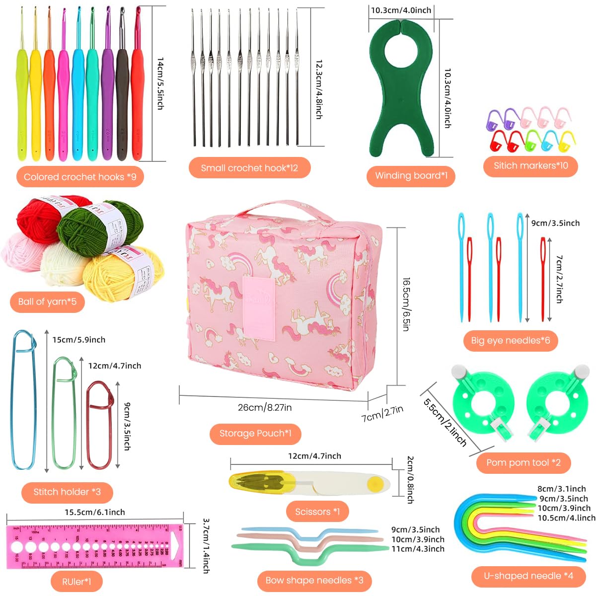 HASTHIP Crochet Kit for Beginners with 214 pcs Ergonomic Hooks and Unicorn Storage Bag | Ideal for Adults and Kids Craft Projects