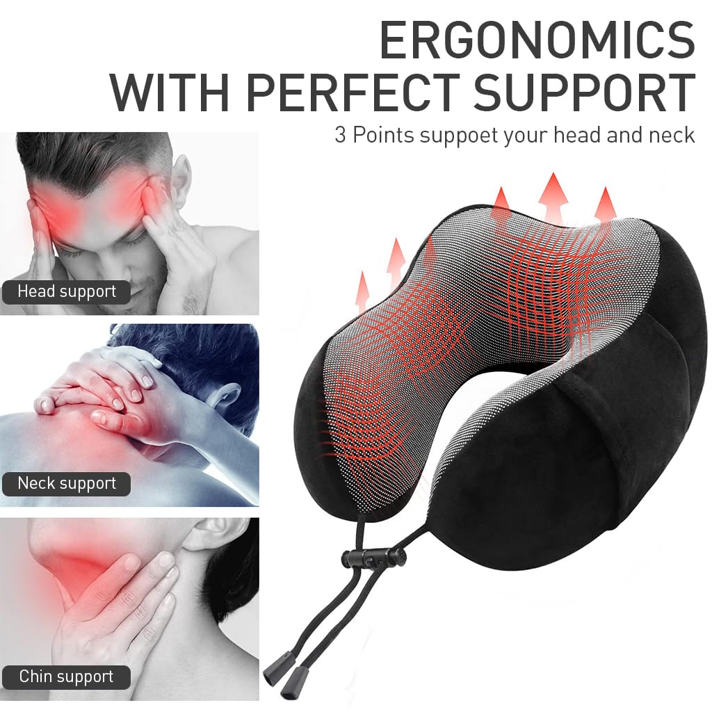 ZIBUYU Memory Foam Neck Pillow Set U-shape Neck Pillow Airplane Travel Sleeping Neck Pillow Set with with Eye Mask, Ear Plugs & Storage Bag