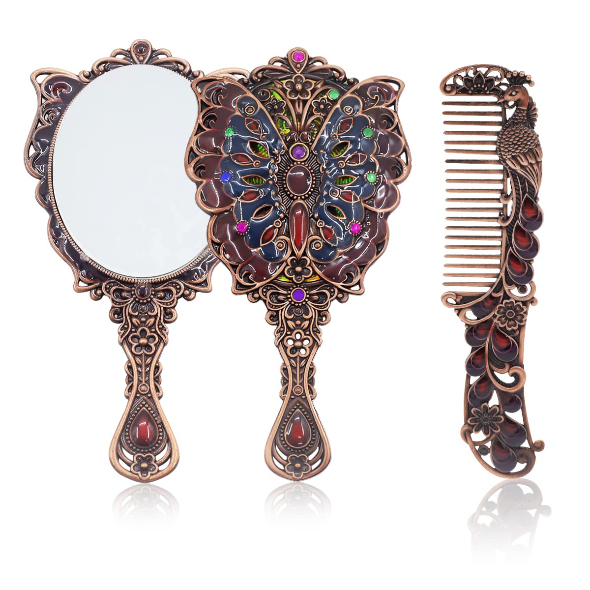 MAYCREATE® Vintage Hand Mirror Comb Set for Makeup Decorative Metal Vanity Mirror and Comb Combo Kit, Antique Embossed Butterfly Peacock Handheld Mirror for Women Girls - Gift Box Packing