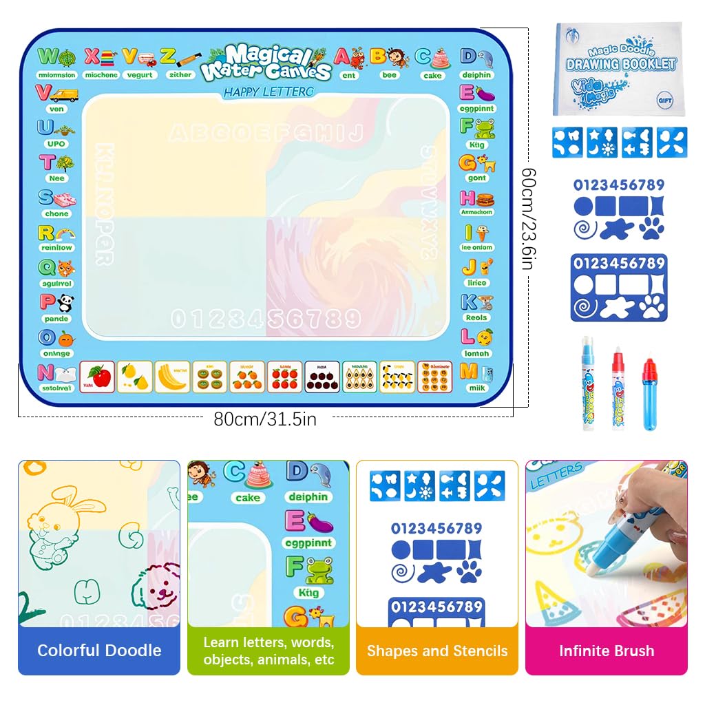 PATPAT Magic Water Doodle Drawing Mat for Kids 60x80cm with Water Pens and Cartoon Templates