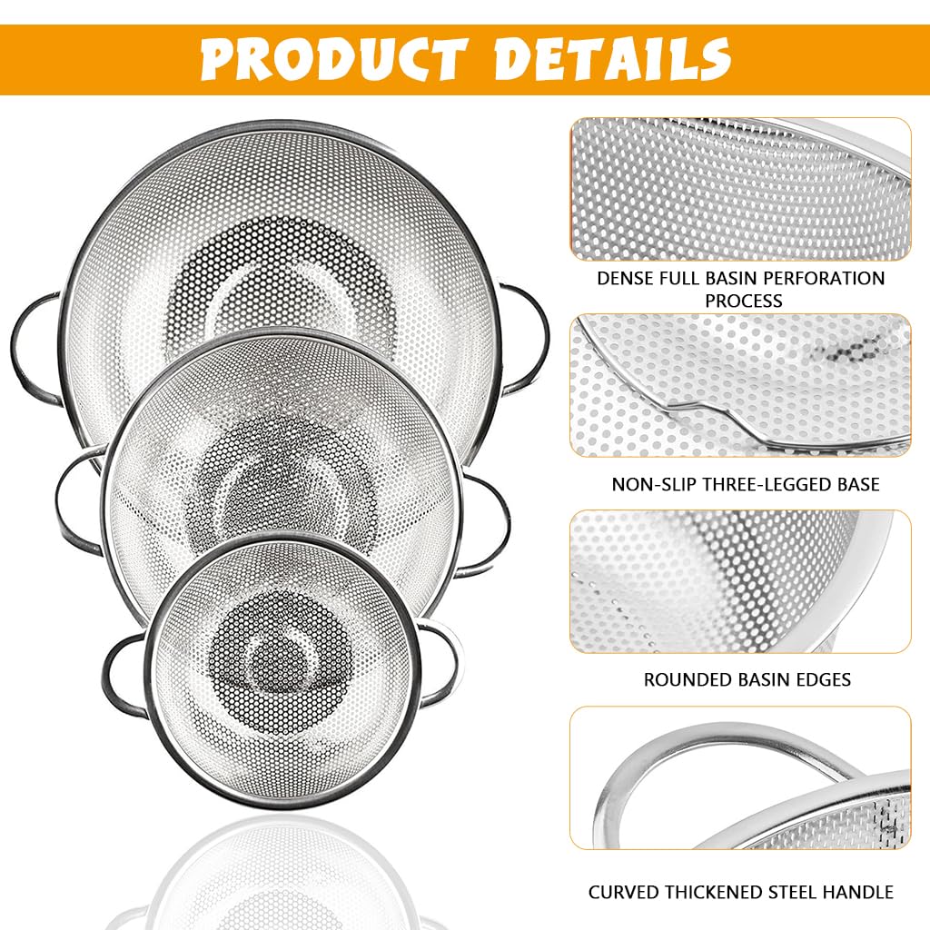 Supvox Colander Set of 3 for Pasta Vegetables and Fruits featuring Micro Perforated Stainless Steel | Easy Drain and Clean Design