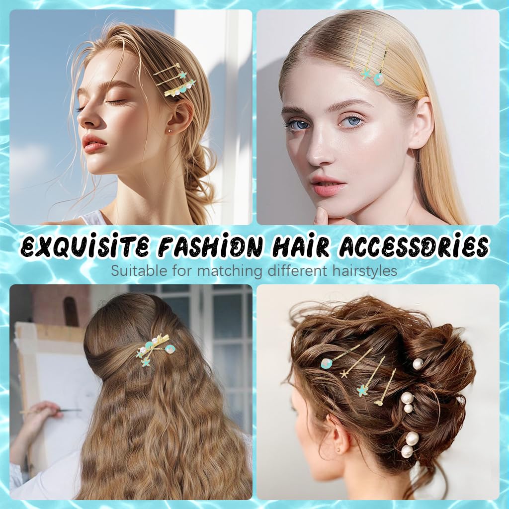 Venzina Hair Clips for Girls and Women featuring Pearl Starfish Seashell Pins in Gold | 5Pcs Set